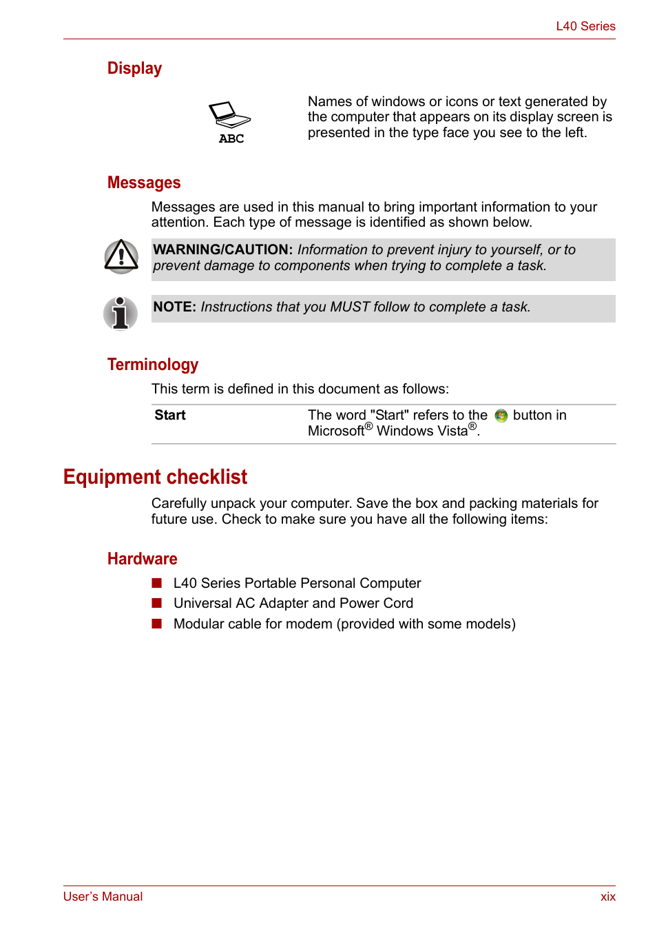 Equipment checklist, Display messages, Terminology | Hardware | Toshiba Satellite L40 User Manual | Page 19 / 127