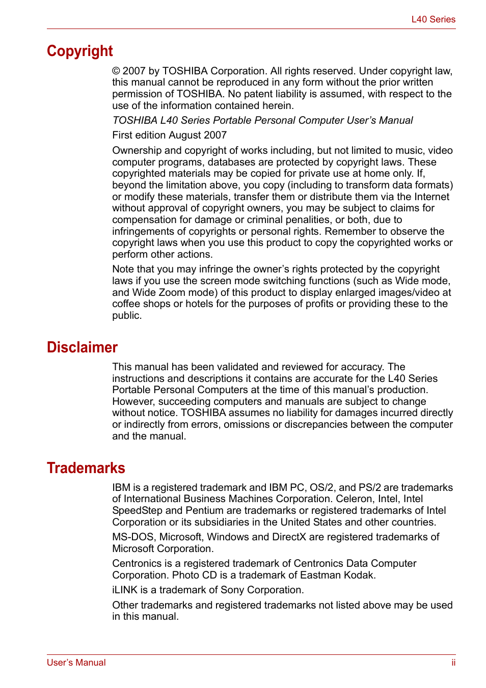 Copyright, Disclaimer, Trademarks | Toshiba Satellite L40 User Manual | Page 2 / 127