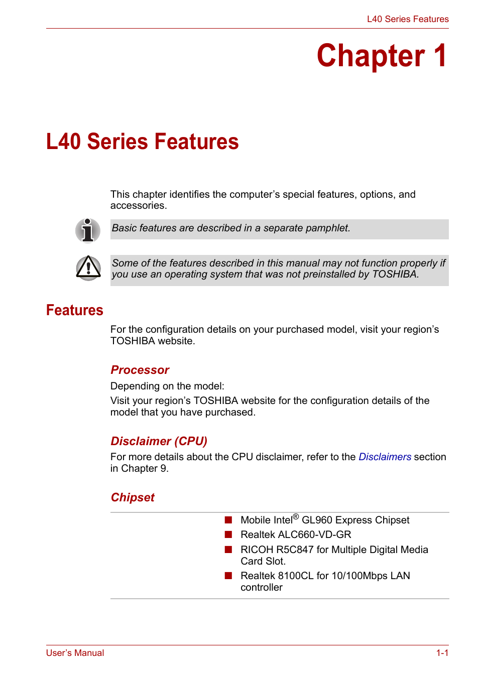 Chapter 1: l40 series features, Features, Chapter 1 | L40 series features, Features -1 | Toshiba Satellite L40 User Manual | Page 21 / 127