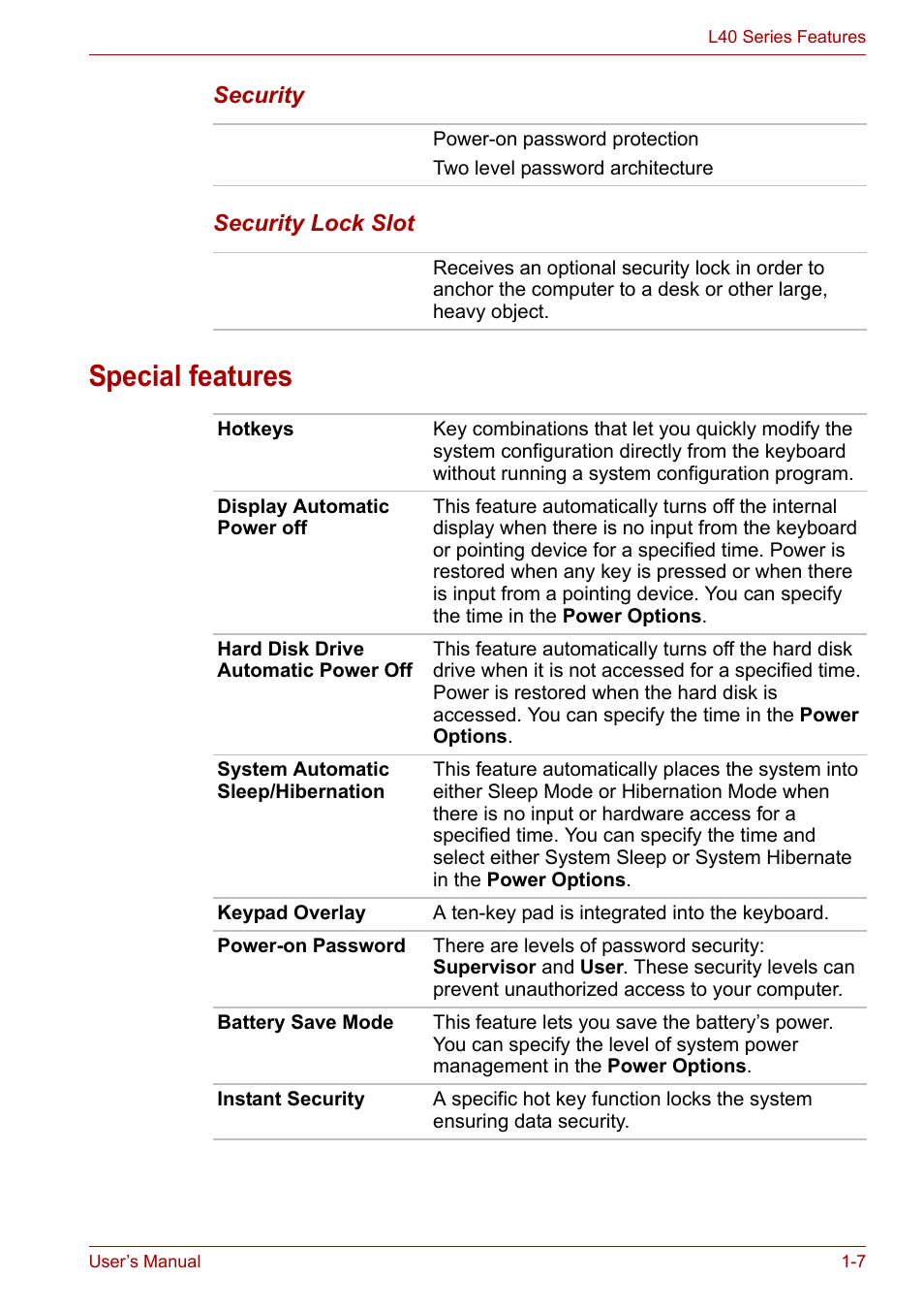 Special features, Special features -7, Special | Features, Section of th | Toshiba Satellite L40 User Manual | Page 27 / 127