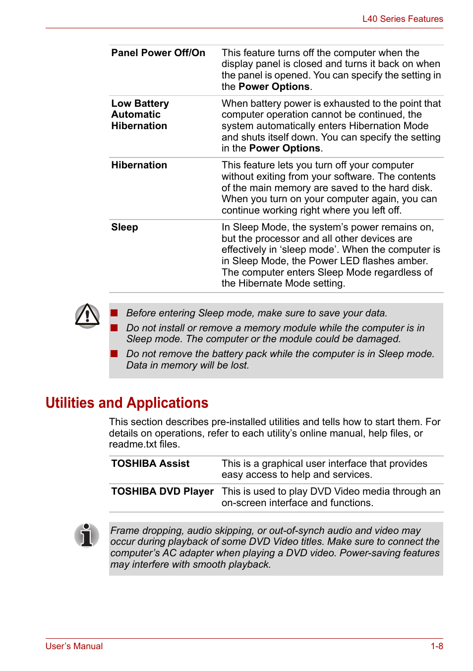 Utilities and applications, Utilities and applications -8 | Toshiba Satellite L40 User Manual | Page 28 / 127