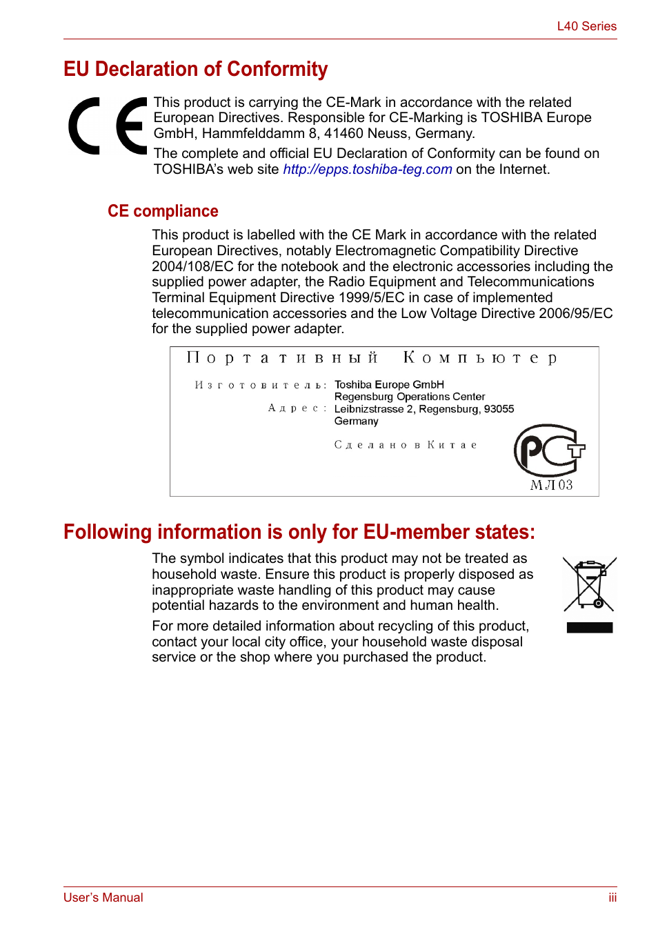 Eu declaration of conformity, Following information is only for eu-member states | Toshiba Satellite L40 User Manual | Page 3 / 127