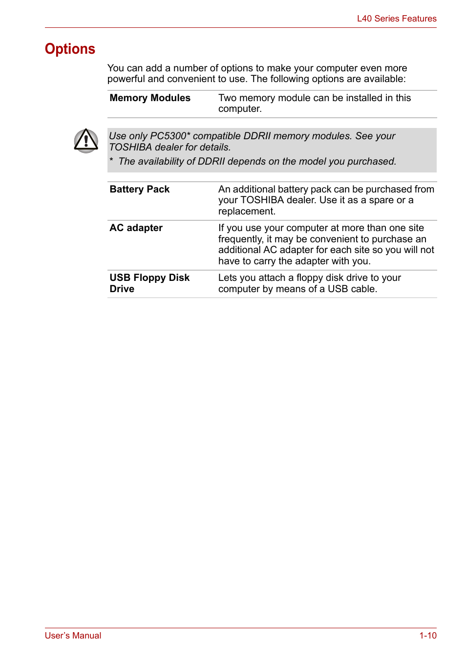Options, Options -10 | Toshiba Satellite L40 User Manual | Page 30 / 127