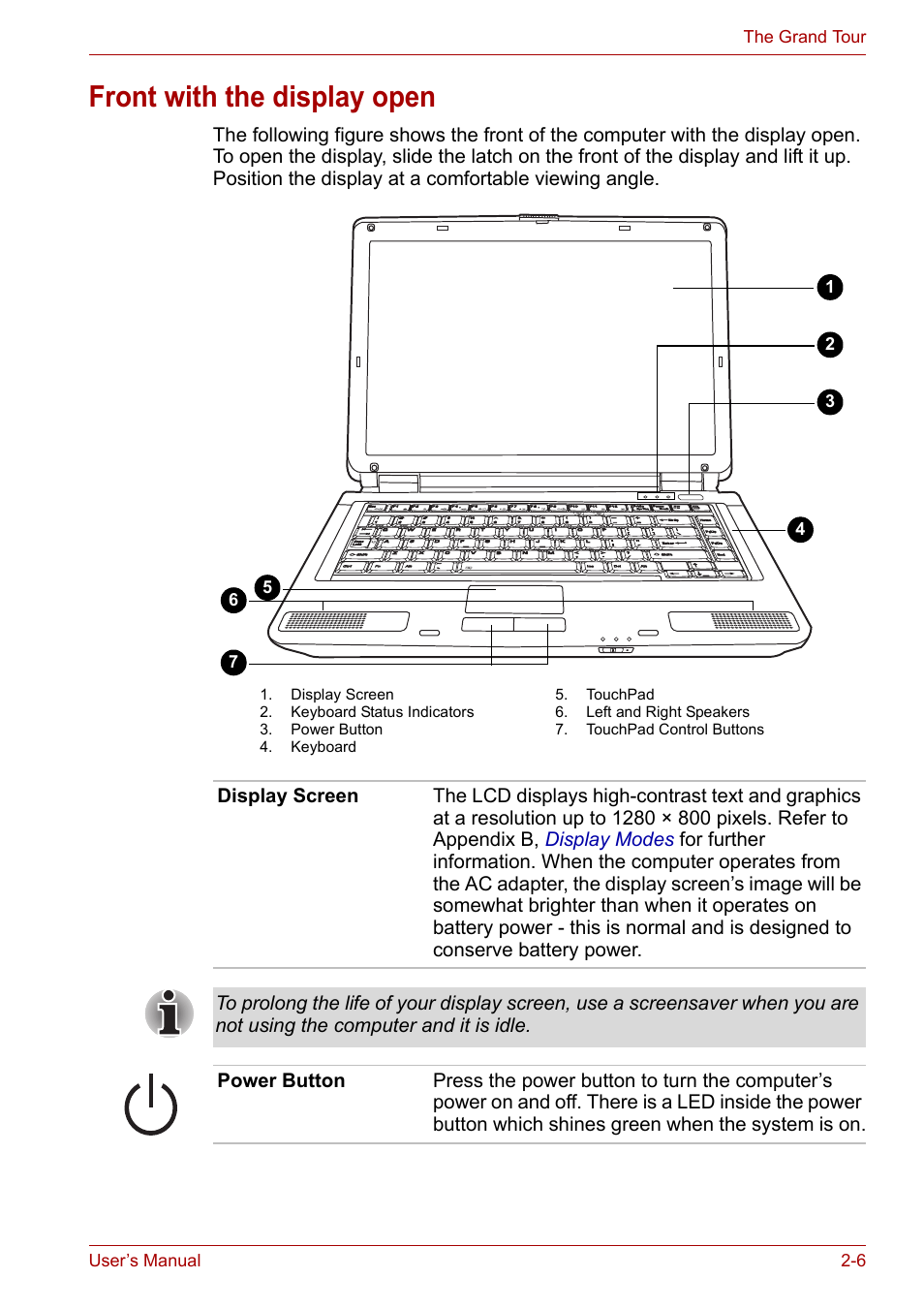 Front with the display open, Front with the display open -6 | Toshiba Satellite L40 User Manual | Page 36 / 127