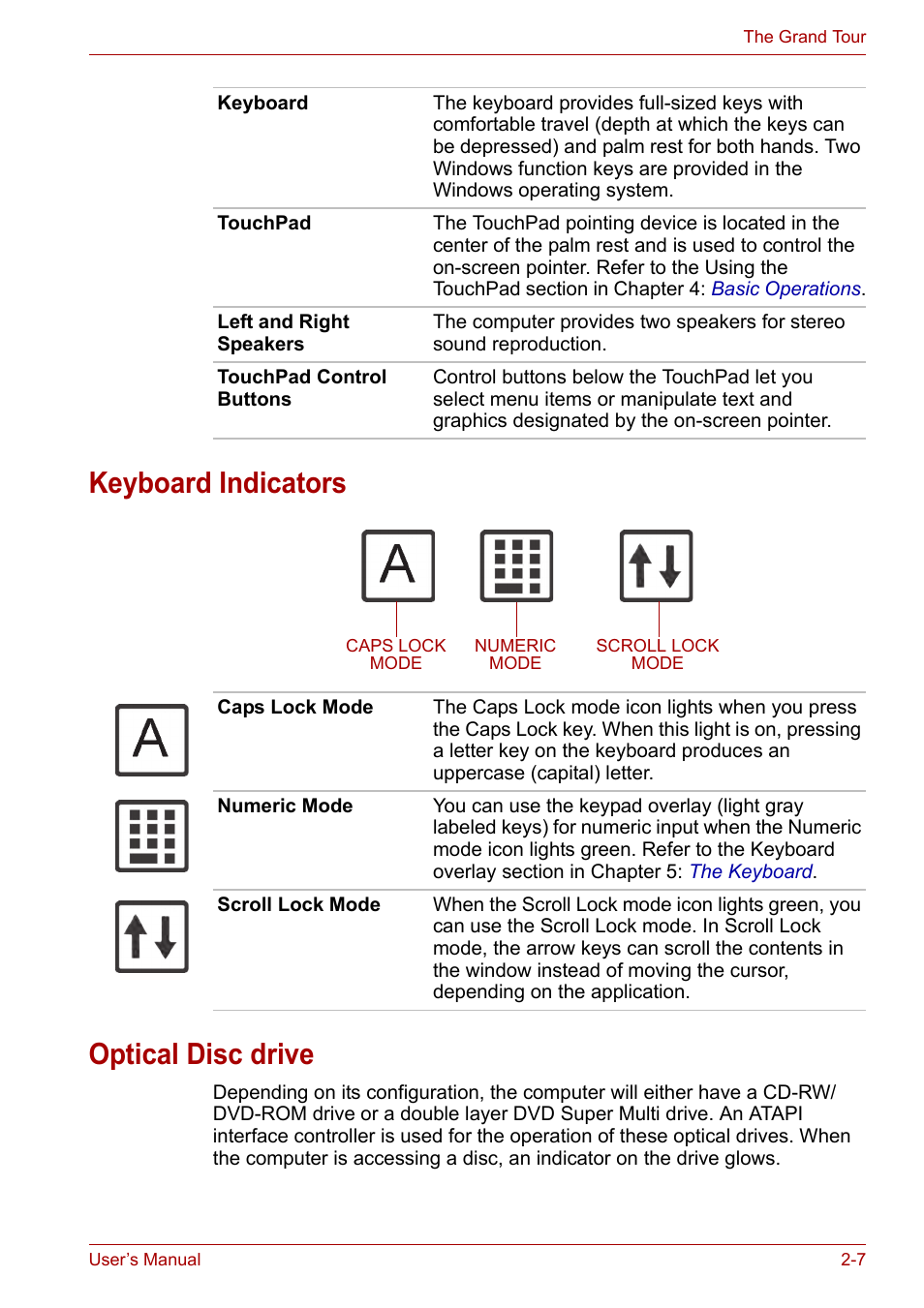 Keyboard indicators, Optical disc drive, Keyboard indicators -7 optical disc drive -7 | Keyboard indicators optical disc drive | Toshiba Satellite L40 User Manual | Page 37 / 127