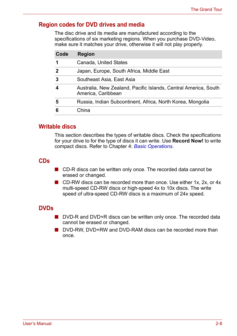 Region codes for dvd drives and media, Writable discs, Dvds | Toshiba Satellite L40 User Manual | Page 38 / 127