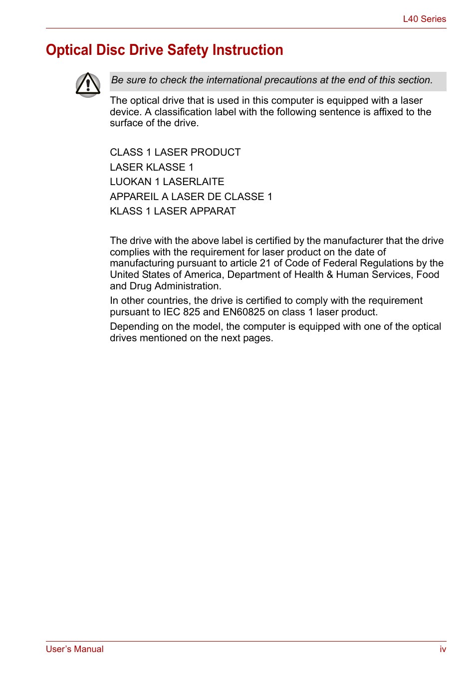 Optical disc drive safety instruction | Toshiba Satellite L40 User Manual | Page 4 / 127