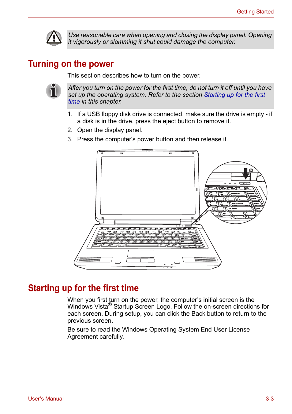 Turning on the power, Starting up for the first time, Starting up for the first | Time | Toshiba Satellite L40 User Manual | Page 43 / 127