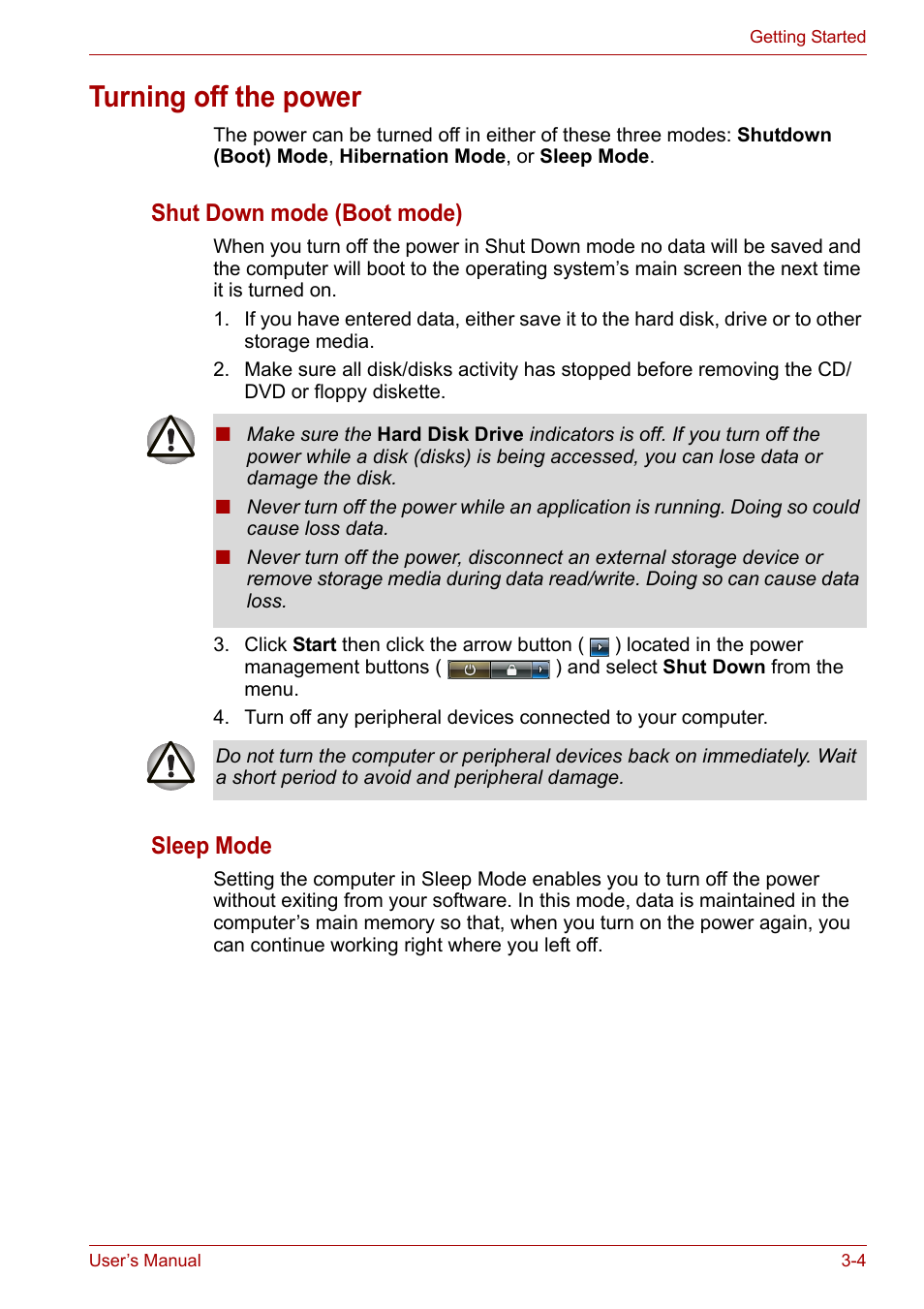 Turning off the power, Turning off the power -4, Shut down mode (boot mode) | Sleep mode | Toshiba Satellite L40 User Manual | Page 44 / 127