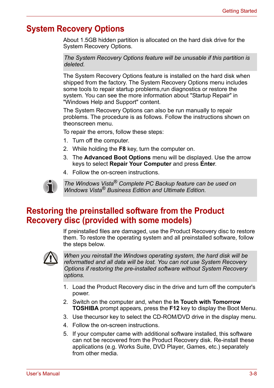 System recovery options | Toshiba Satellite L40 User Manual | Page 48 / 127