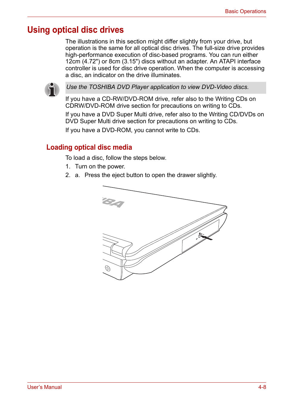 Using optical disc drives, Using optical disc drives -8, Loading optical disc media | Toshiba Satellite L40 User Manual | Page 56 / 127