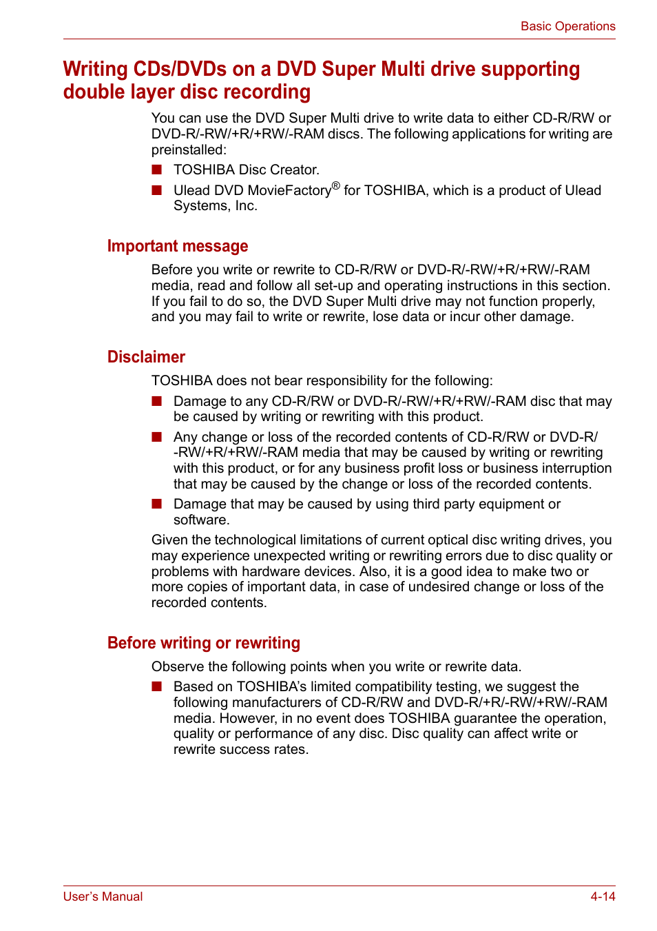 Important message, Disclaimer, Before writing or rewriting | Toshiba Satellite L40 User Manual | Page 62 / 127