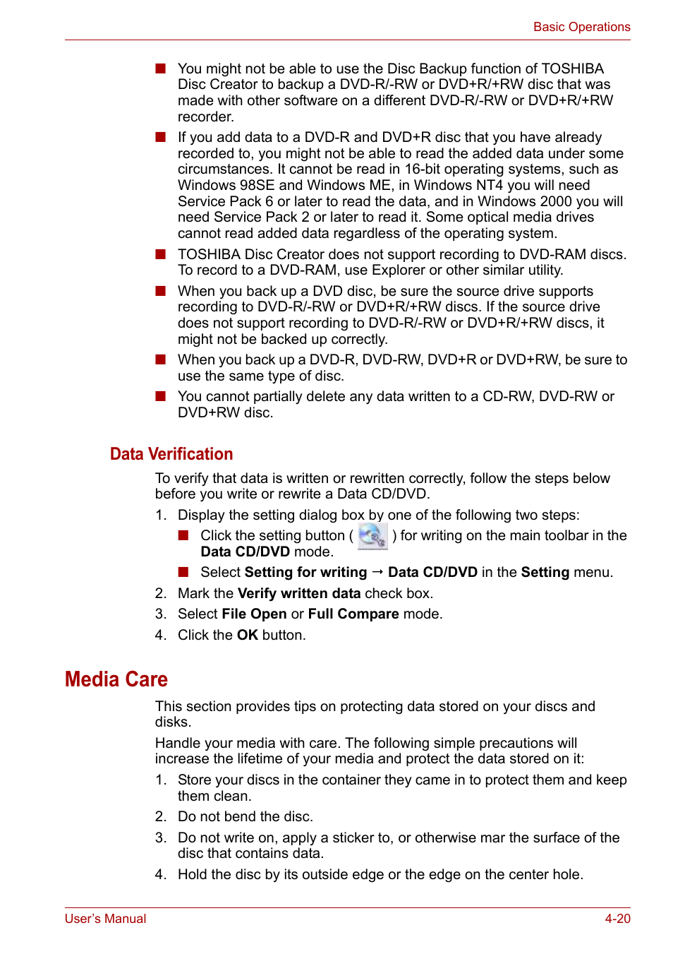 Media care, Media care -20, Data verification | Toshiba Satellite L40 User Manual | Page 68 / 127