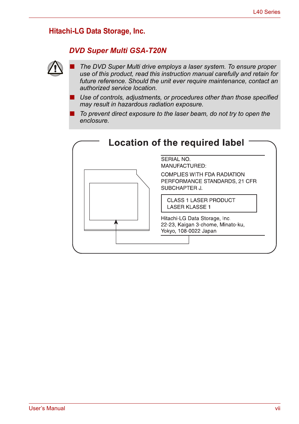 Hitachi-lg data storage, inc | Toshiba Satellite L40 User Manual | Page 7 / 127