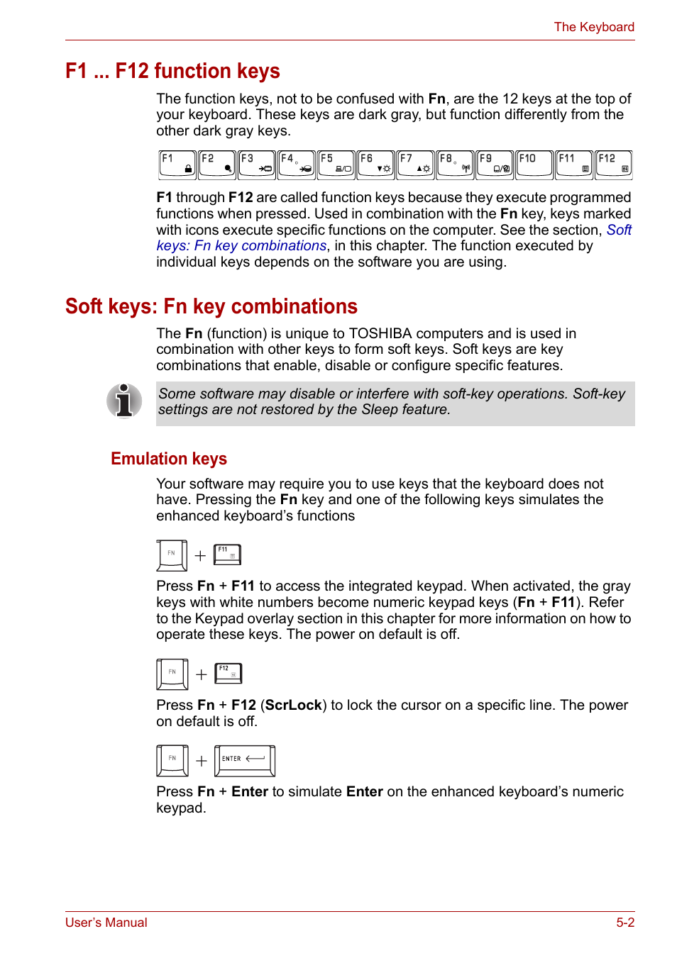 F1 ... f12 function keys, Soft keys: fn key combinations | Toshiba Satellite L40 User Manual | Page 73 / 127