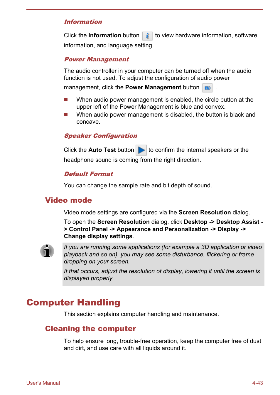 Video mode, Computer handling, Cleaning the computer | Computer handling -43 | Toshiba Satellite L950 User Manual | Page 100 / 142