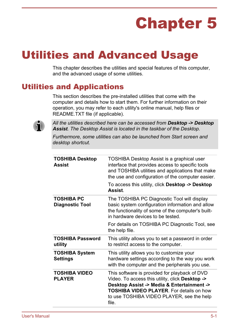 Chapter 5 utilities and advanced usage, Utilities and applications, Chapter 5 | Utilities and advanced usage, Utilities and applications -1 | Toshiba Satellite L950 User Manual | Page 103 / 142