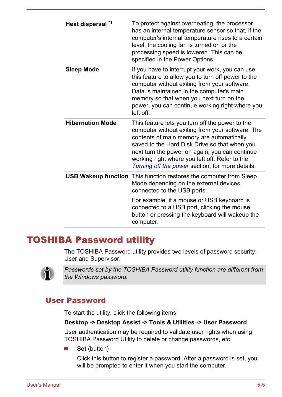 Toshiba password utility, User password, Toshiba password utility -5 | Toshiba Satellite L950 User Manual | Page 107 / 142