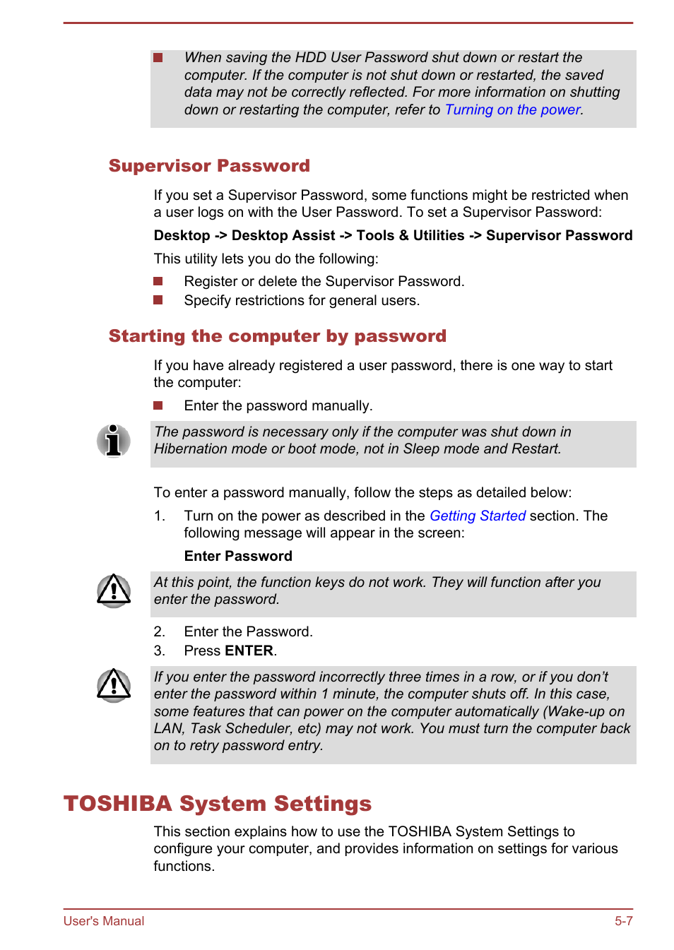 Supervisor password, Starting the computer by password, Toshiba system settings | Toshiba system settings -7, Toshiba, System settings, Section | Toshiba Satellite L950 User Manual | Page 109 / 142