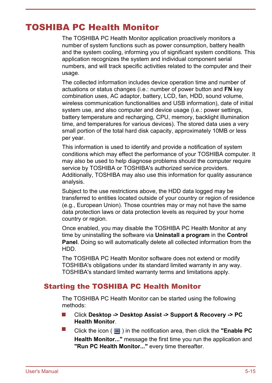 Toshiba pc health monitor, Starting the toshiba pc health monitor, Toshiba pc health monitor -15 | Toshiba Satellite L950 User Manual | Page 117 / 142