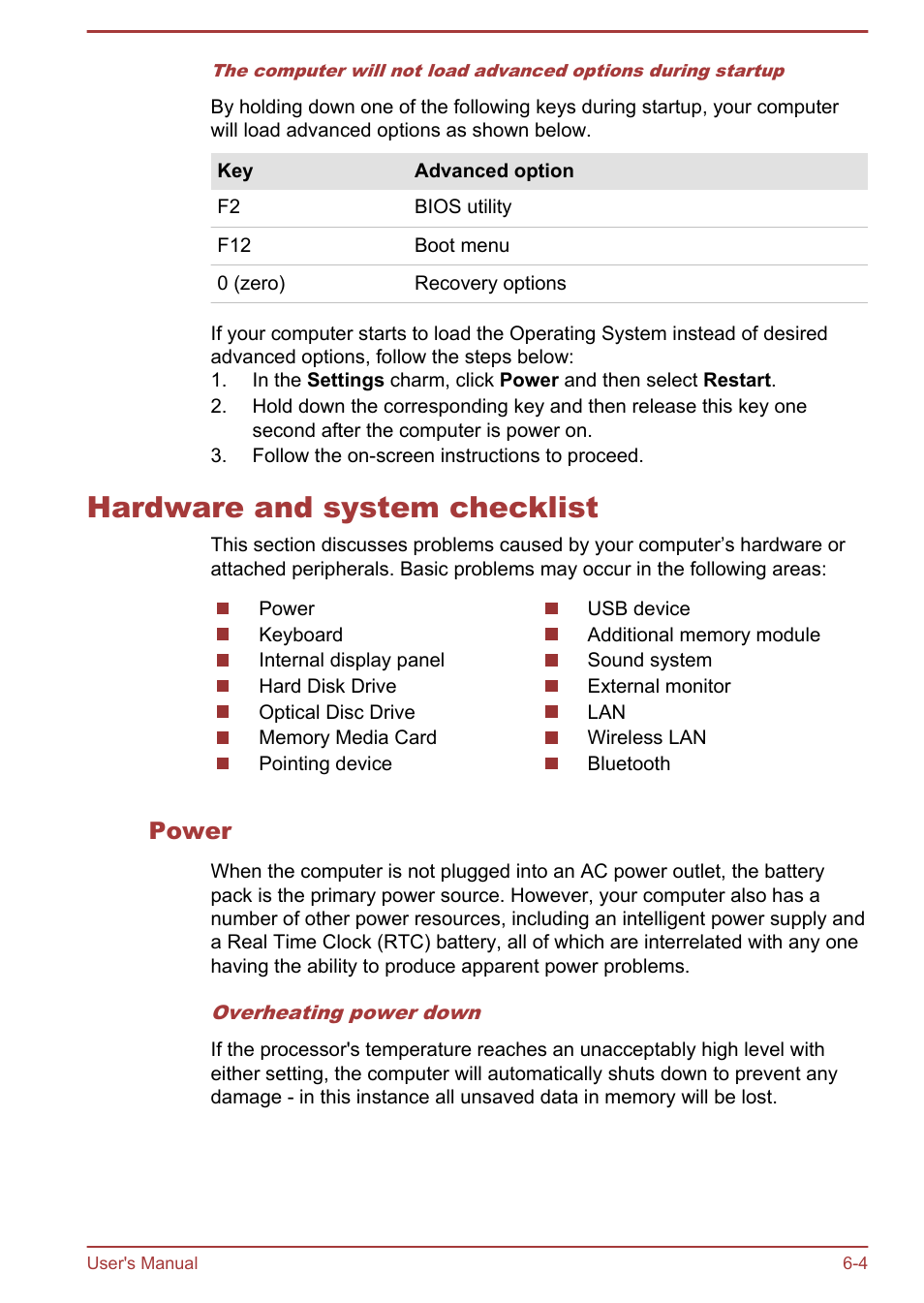 Hardware and system checklist, Power, Hardware and system checklist -4 | Toshiba Satellite L950 User Manual | Page 126 / 142