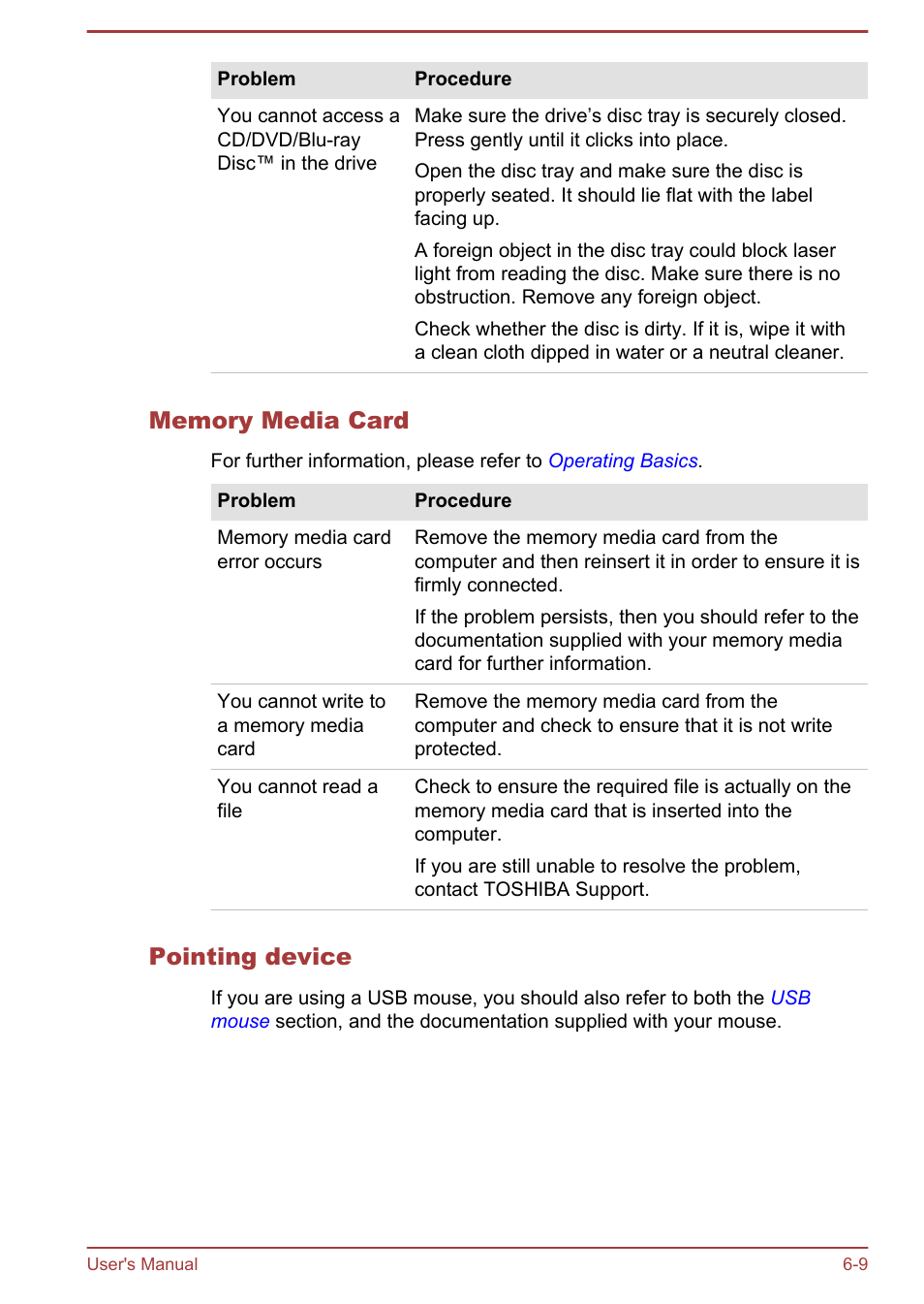 Memory media card, Pointing device | Toshiba Satellite L950 User Manual | Page 131 / 142