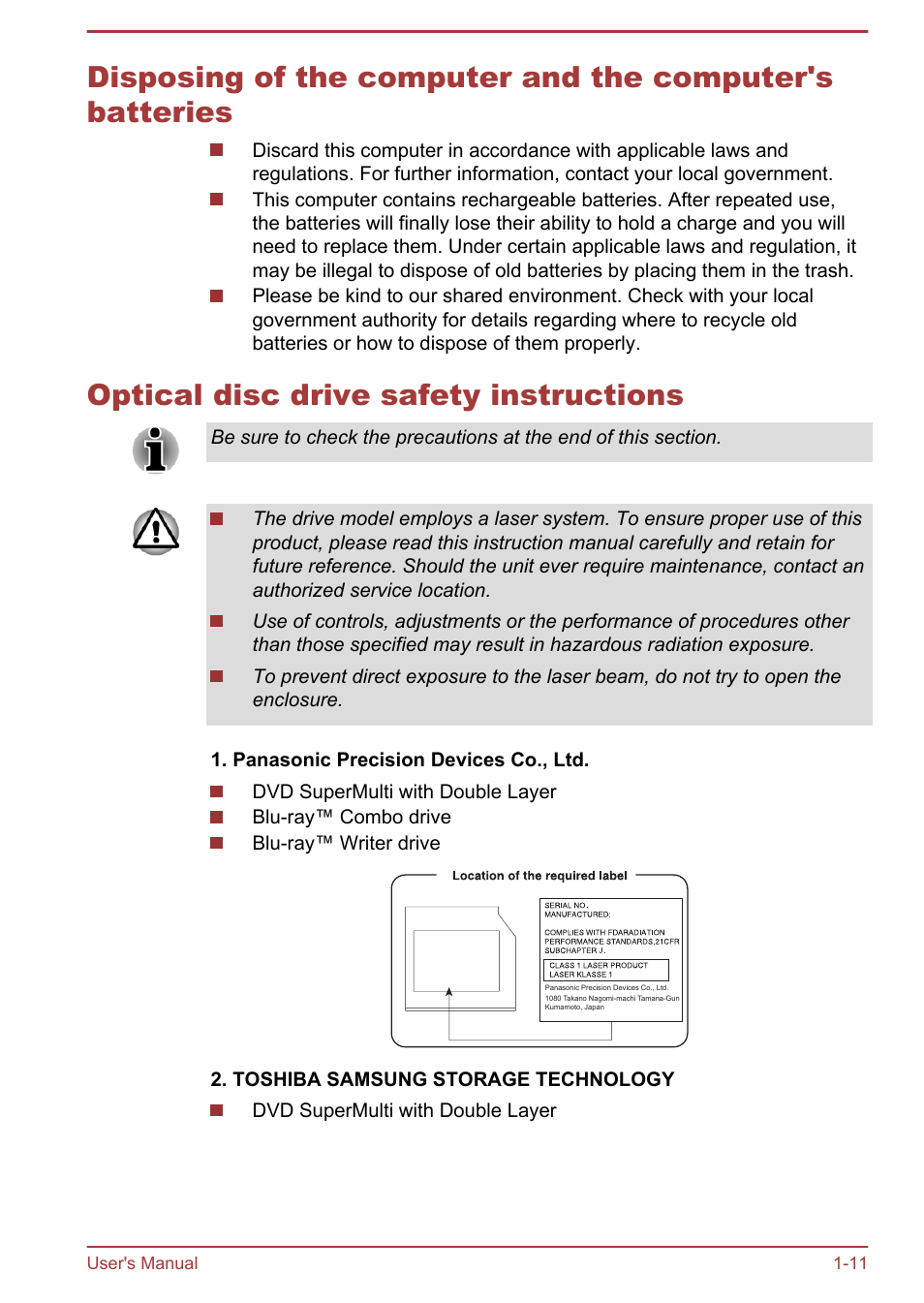 Optical disc drive safety instructions | Toshiba Satellite L950 User Manual | Page 15 / 142