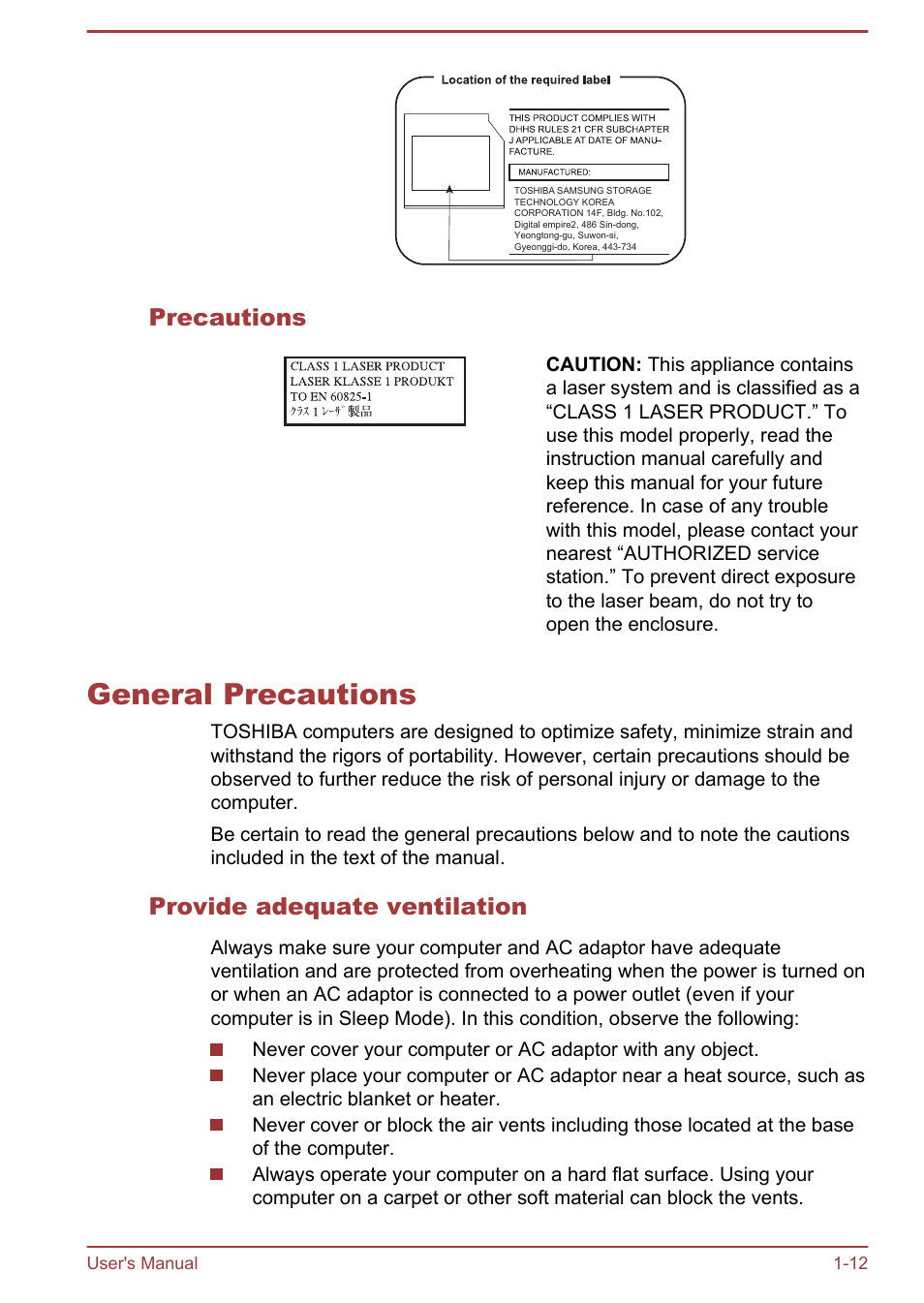 Precautions, General precautions, Provide adequate ventilation | General precautions -12 | Toshiba Satellite L950 User Manual | Page 16 / 142