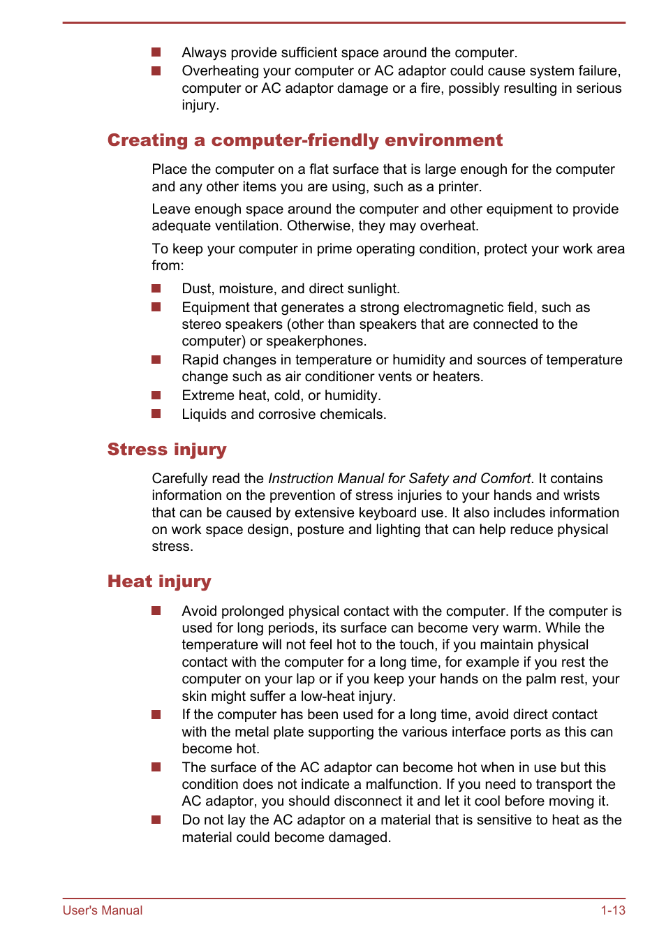 Creating a computer-friendly environment, Stress injury, Heat injury | Toshiba Satellite L950 User Manual | Page 17 / 142