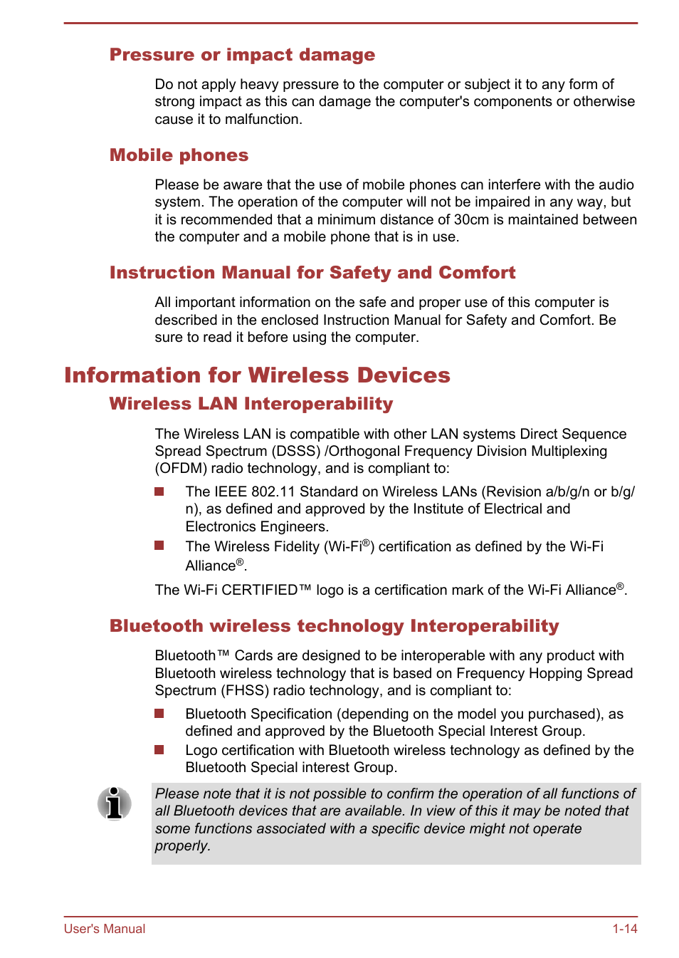 Pressure or impact damage, Mobile phones, Instruction manual for safety and comfort | Information for wireless devices, Wireless lan interoperability, Bluetooth wireless technology interoperability, Information for wireless devices -14 | Toshiba Satellite L950 User Manual | Page 18 / 142