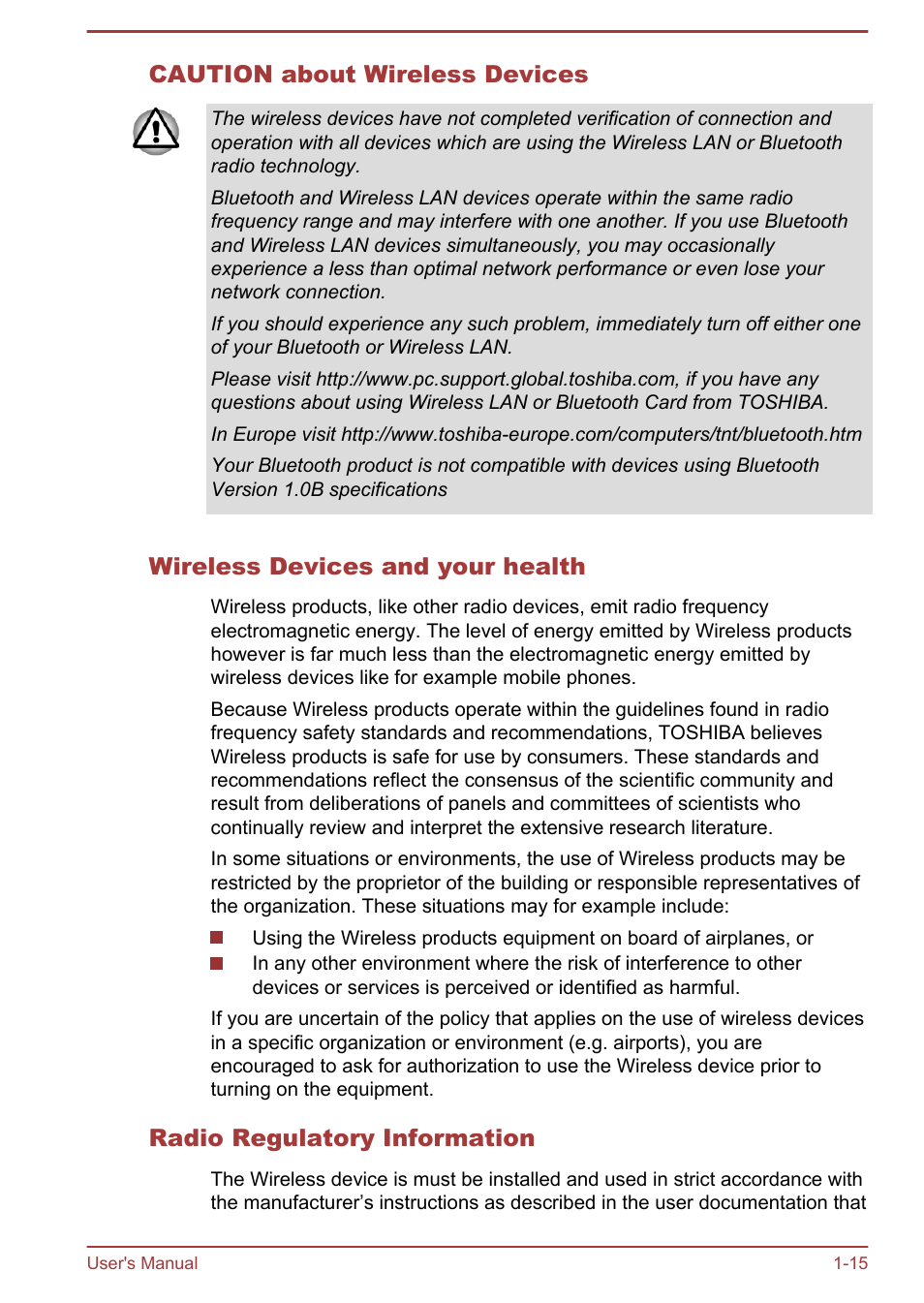 Caution about wireless devices, Wireless devices and your health, Radio regulatory information | Toshiba Satellite L950 User Manual | Page 19 / 142