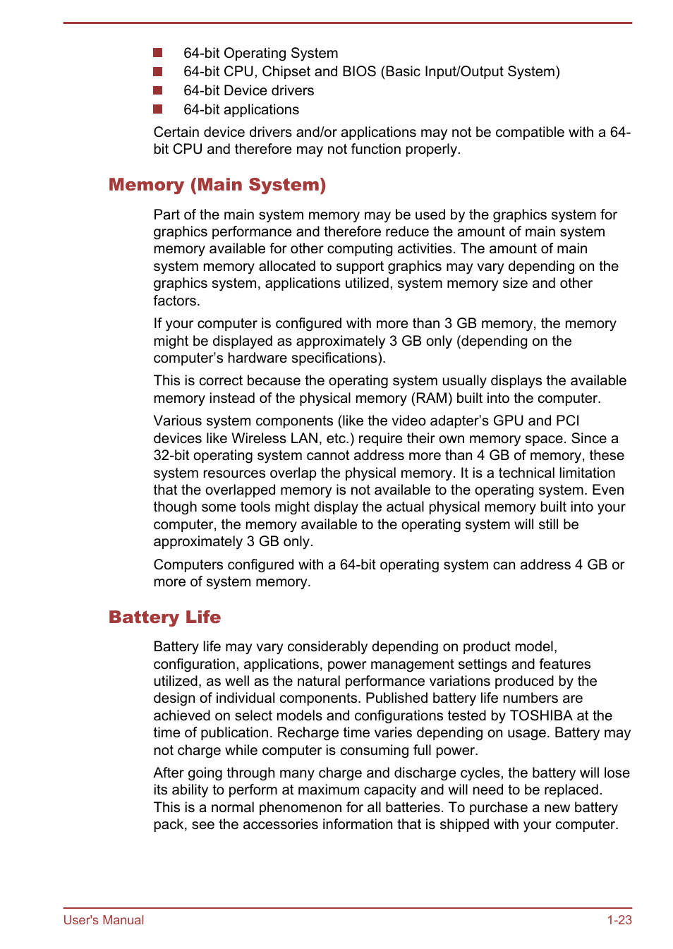 Memory (main system), Battery life | Toshiba Satellite L950 User Manual | Page 27 / 142