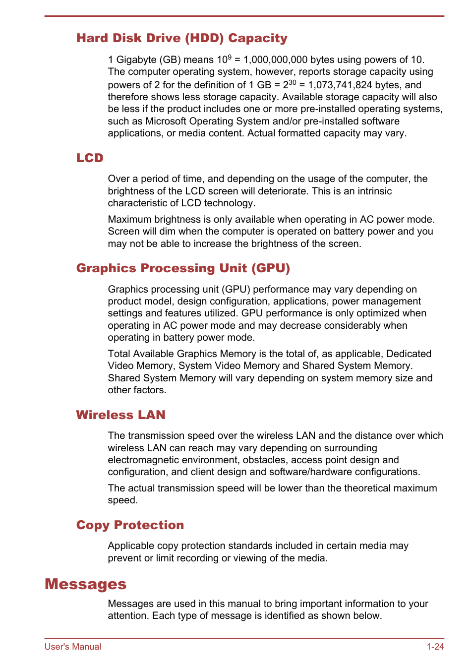 Hard disk drive (hdd) capacity, Graphics processing unit (gpu), Wireless lan | Copy protection, Messages, Messages -24 | Toshiba Satellite L950 User Manual | Page 28 / 142
