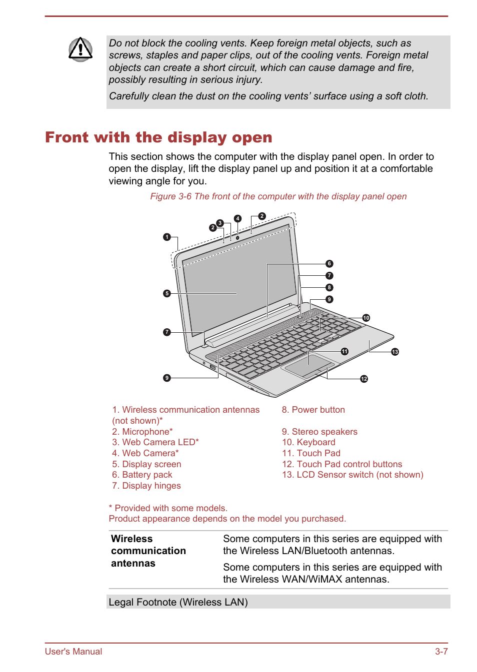 Front with the display open, Front with the display open -7 | Toshiba Satellite L950 User Manual | Page 47 / 142