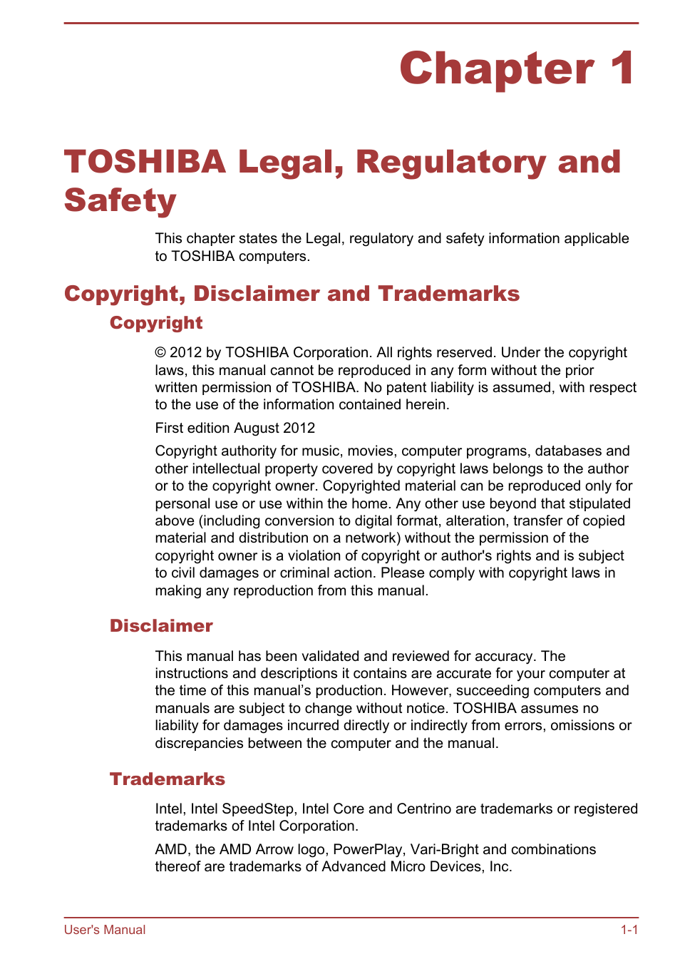 Chapter 1 toshiba legal, regulatory and safety, Copyright, disclaimer and trademarks, Copyright | Disclaimer, Trademarks, Chapter 1, Toshiba legal, regulatory and safety, Copyright, disclaimer and trademarks -1 | Toshiba Satellite L950 User Manual | Page 5 / 142