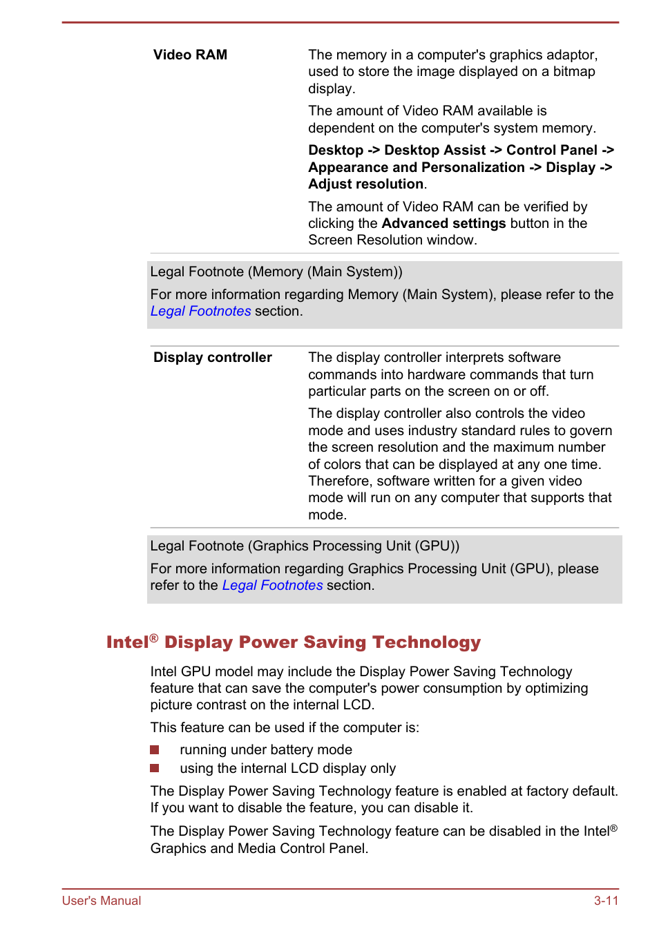 Intel® display power saving technology, Intel, Display power saving technology | Toshiba Satellite L950 User Manual | Page 51 / 142