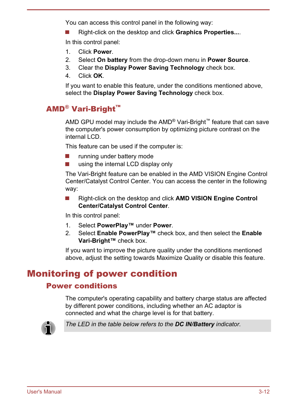 Amd® vari-bright, Monitoring of power condition, Power conditions | Monitoring of power condition -12, Vari-bright | Toshiba Satellite L950 User Manual | Page 52 / 142