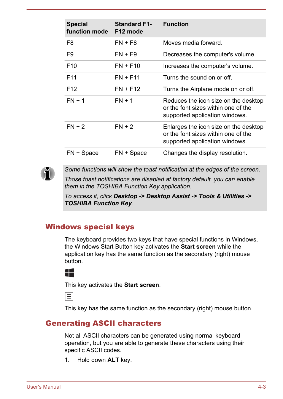 Windows special keys, Generating ascii characters | Toshiba Satellite L950 User Manual | Page 60 / 142