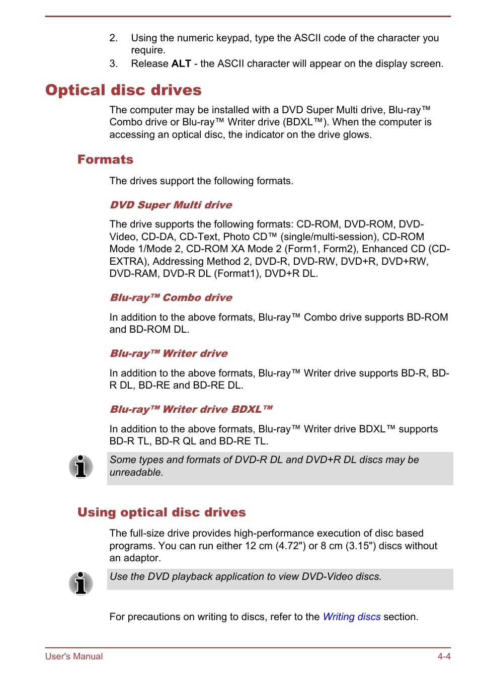 Optical disc drives, Formats, Using optical disc drives | Optical disc drives -4 | Toshiba Satellite L950 User Manual | Page 61 / 142