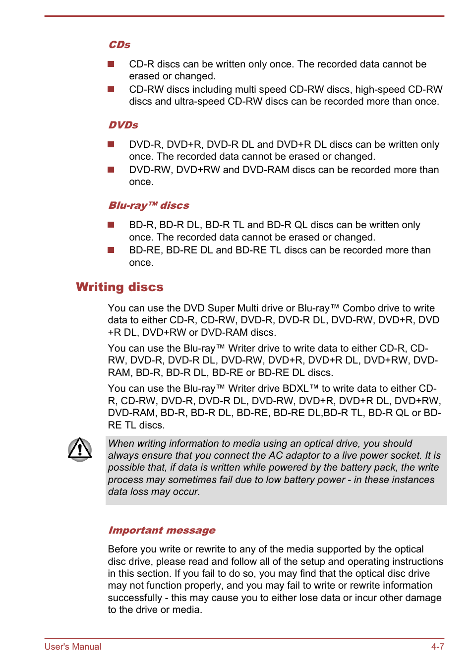 Writing discs | Toshiba Satellite L950 User Manual | Page 64 / 142