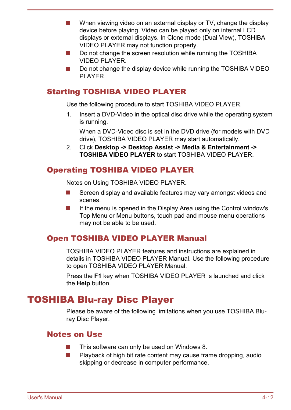 Starting toshiba video player, Operating toshiba video player, Open toshiba video player manual | Toshiba blu-ray disc player, Notes on use, Toshiba blu-ray disc player -12 | Toshiba Satellite L950 User Manual | Page 69 / 142