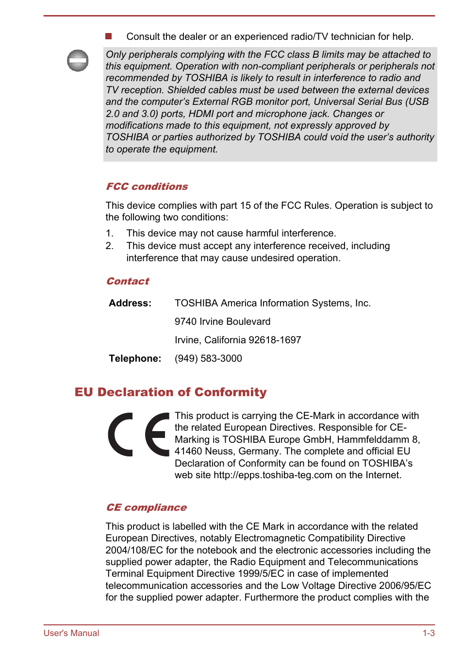 Eu declaration of conformity | Toshiba Satellite L950 User Manual | Page 7 / 142