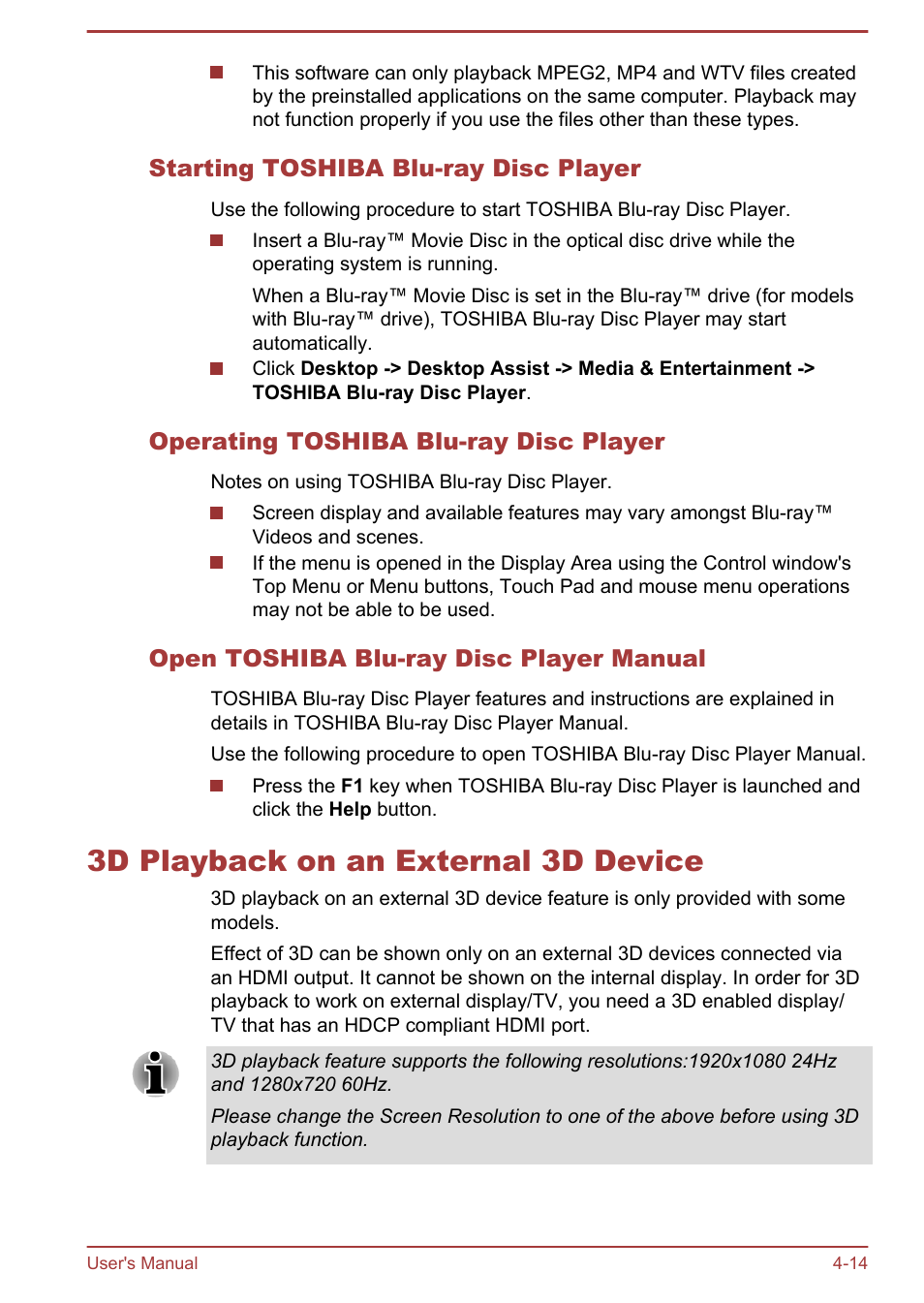 Starting toshiba blu-ray disc player, Operating toshiba blu-ray disc player, Open toshiba blu-ray disc player manual | 3d playback on an external 3d device, 3d playback on an external 3d device -14 | Toshiba Satellite L950 User Manual | Page 71 / 142