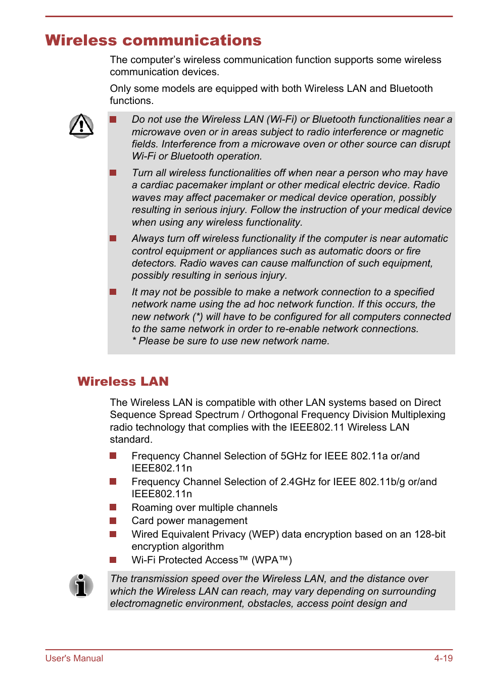 Wireless communications, Wireless lan, Wireless communications -19 | Toshiba Satellite L950 User Manual | Page 76 / 142