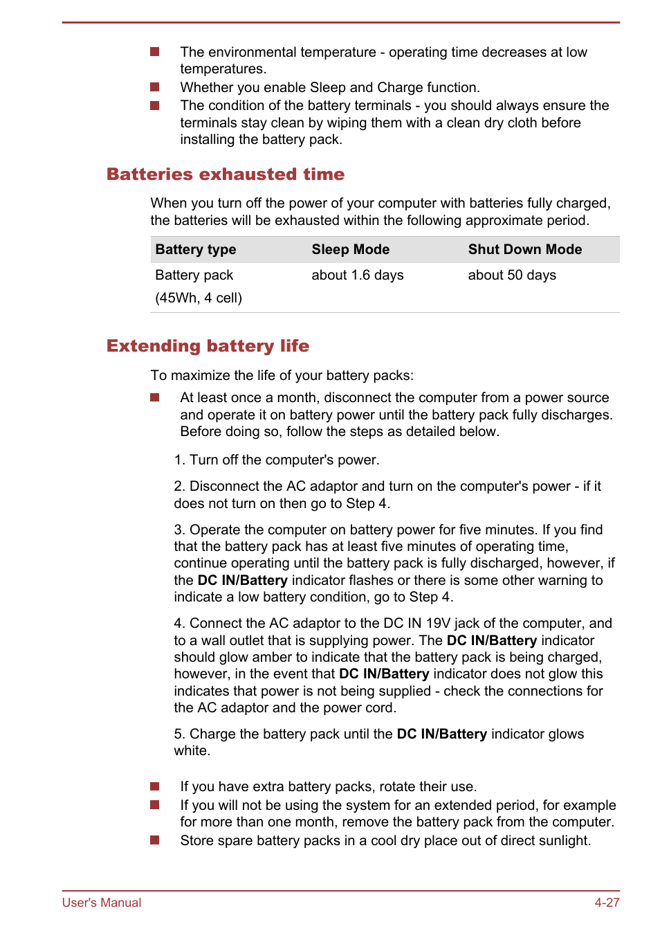 Batteries exhausted time, Extending battery life | Toshiba Satellite L950 User Manual | Page 84 / 142