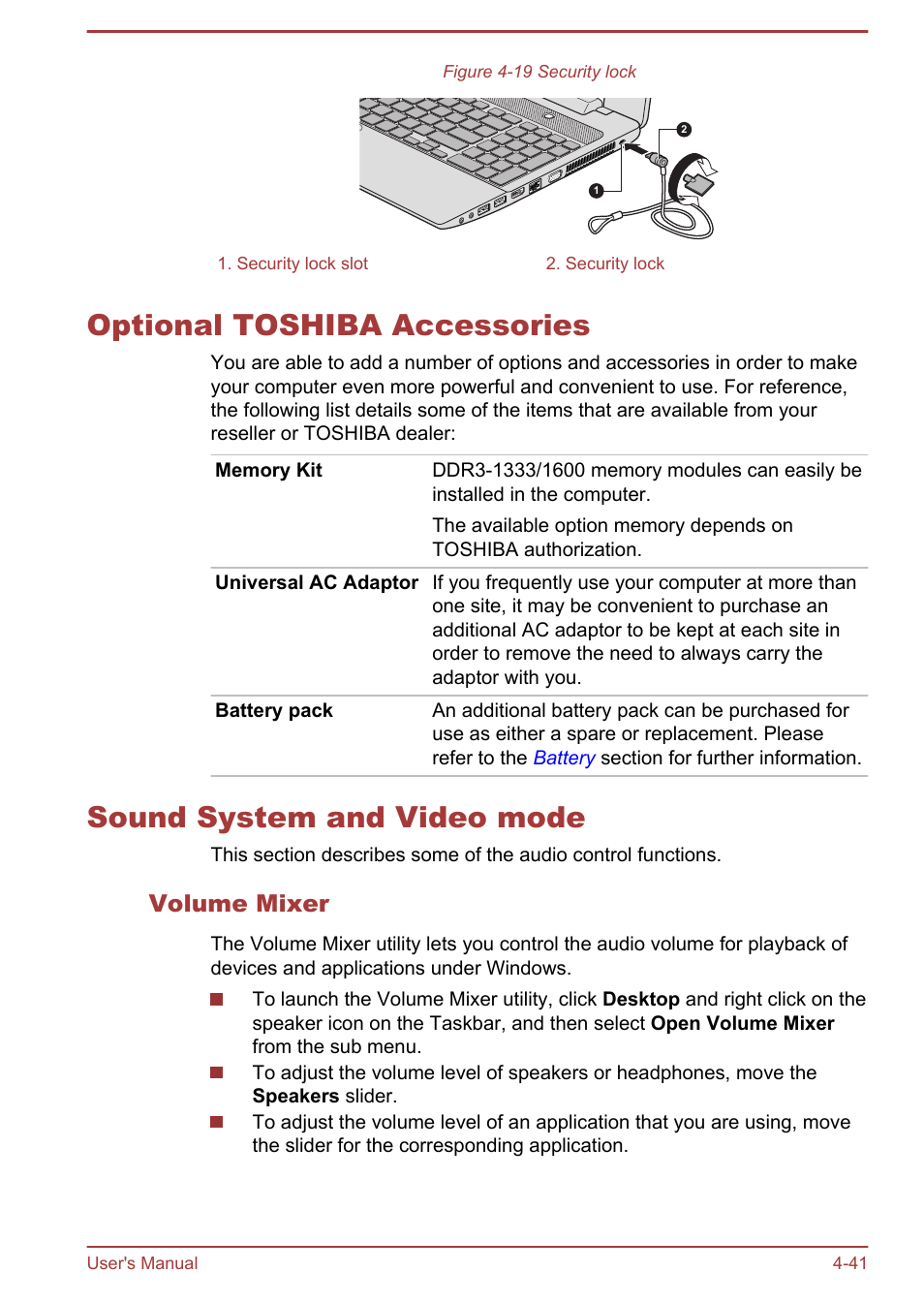 Optional toshiba accessories, Sound system and video mode, Volume mixer | To the | Toshiba Satellite L950 User Manual | Page 98 / 142