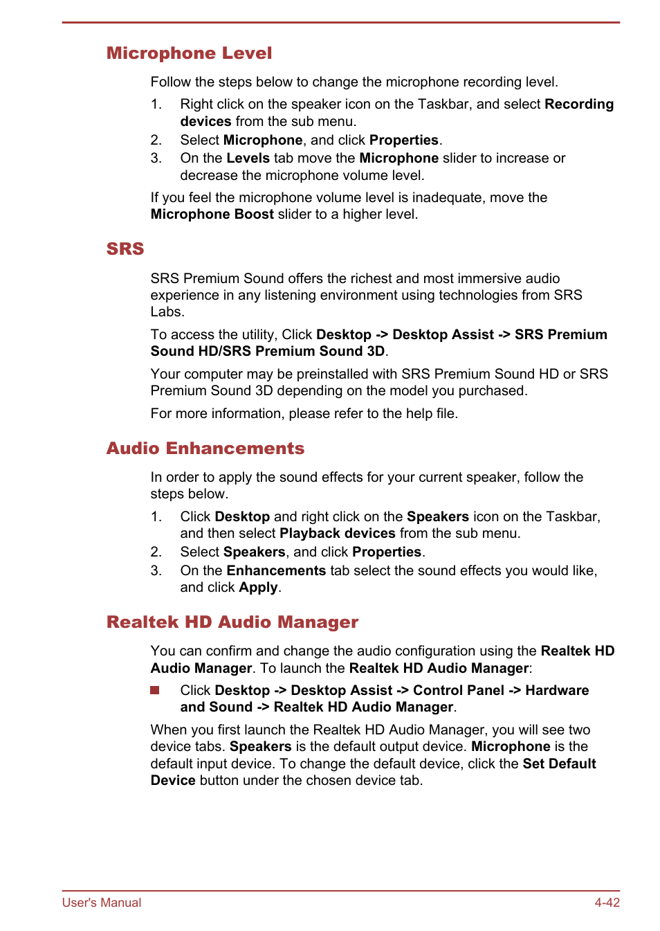 Microphone level, Audio enhancements, Realtek hd audio manager | Toshiba Satellite L950 User Manual | Page 99 / 142
