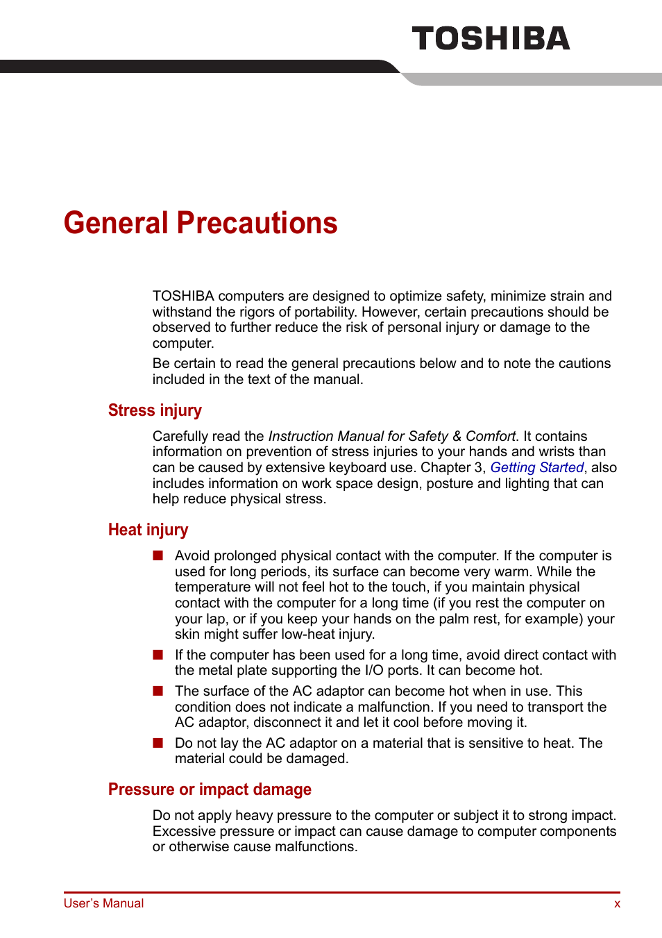 General precautions | Toshiba Portege R200 (PPR21) User Manual | Page 10 / 184