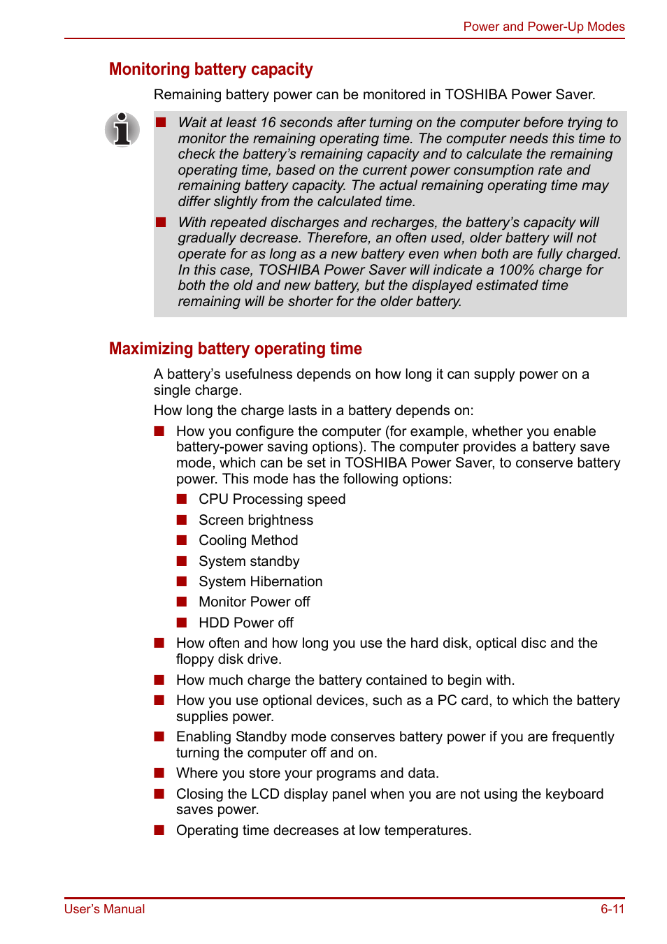 Monitoring battery capacity, Maximizing battery operating time | Toshiba Portege R200 (PPR21) User Manual | Page 100 / 184