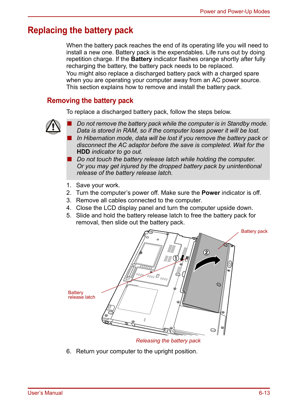 Replacing the battery pack, Replacing the battery pack -13, Removing the battery pack | Toshiba Portege R200 (PPR21) User Manual | Page 102 / 184